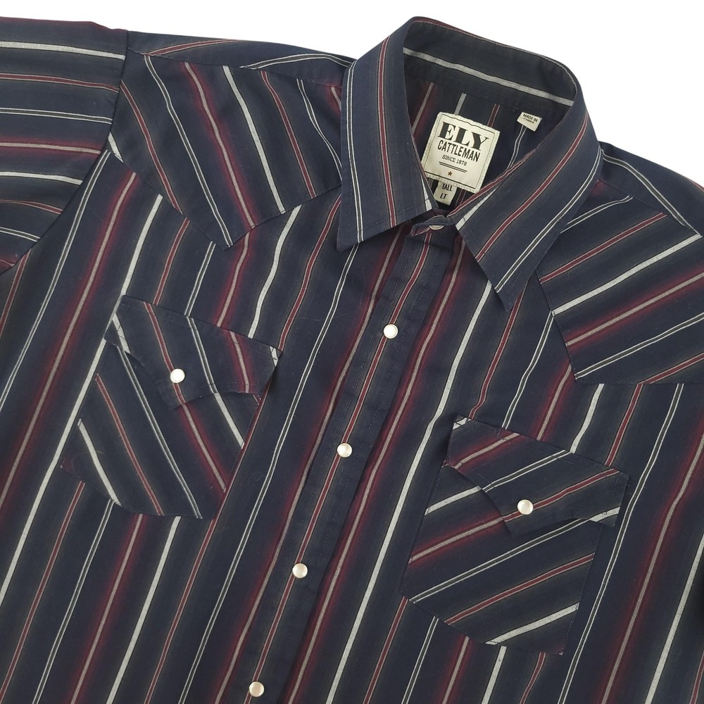 Ely Cattleman Shirt Mens LT Blue Stripe Short Sleeve Snap Western Cowboy Casual